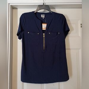Anne Klein NWT Navy Short-Sleeve Top with Gold Zip and Chest Pockets Size Small